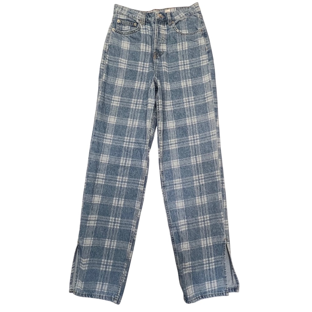 H&M Divided Blue Check Plaid High Waisted Straight Leg Side Slit Jeans Size 2